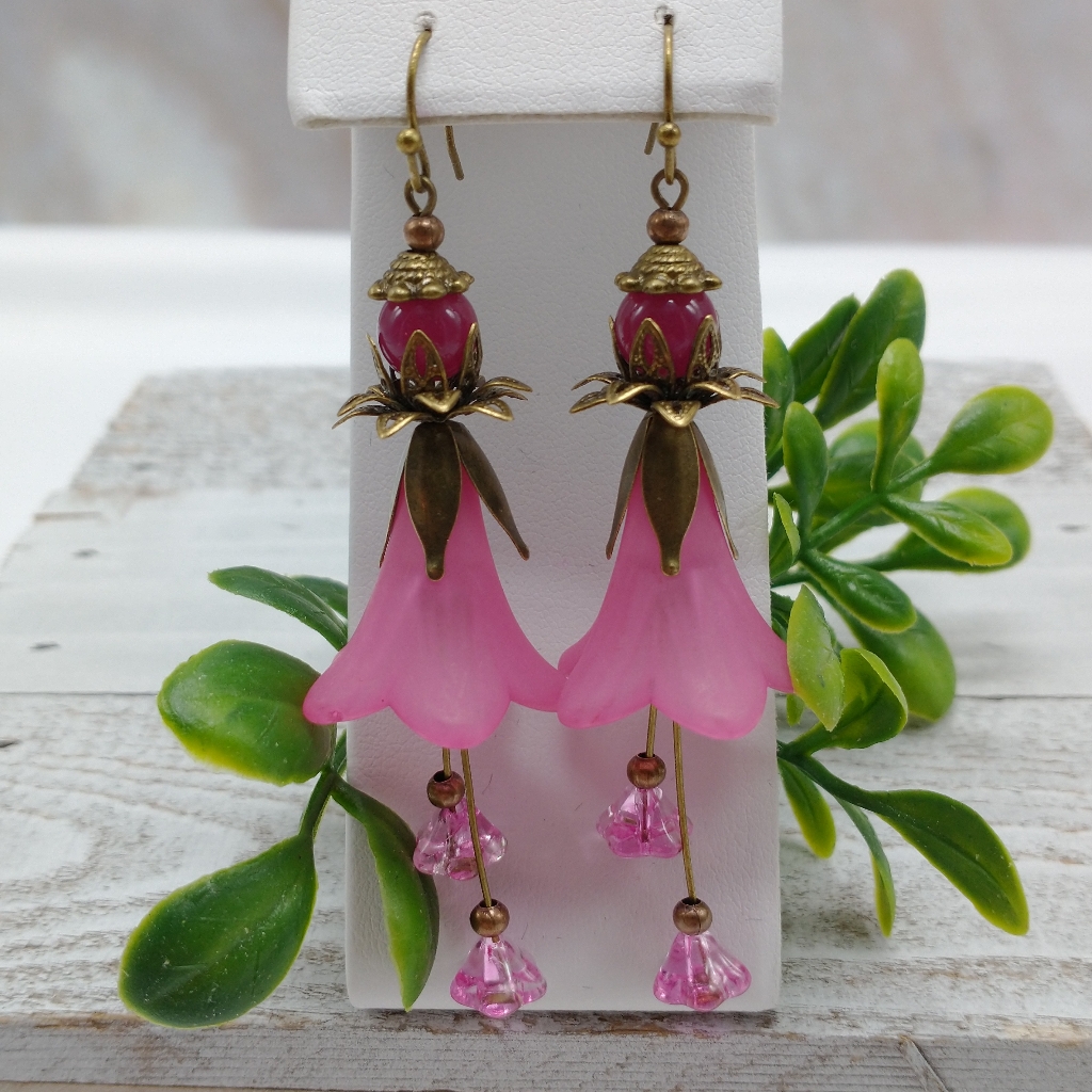 Handmade Pink Bellflower Dangle Earrings